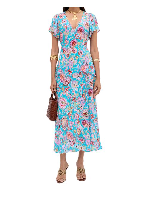 Rixo Abito midi Evie Cara in crêpe de chine di seta Rixo | 010.00009.226.08027CARA FLORAL TURQUOISE